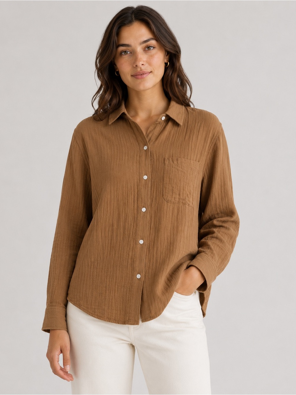 Quince Organic Cotton Gauze Long Sleeve Shirt Button Down Shirt M Medium Tan